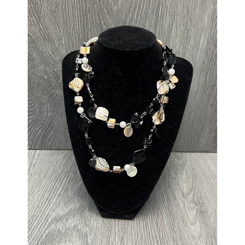Black Mother of Pearl Shell Faux Pearl Long Layered Statement Necklace Silver